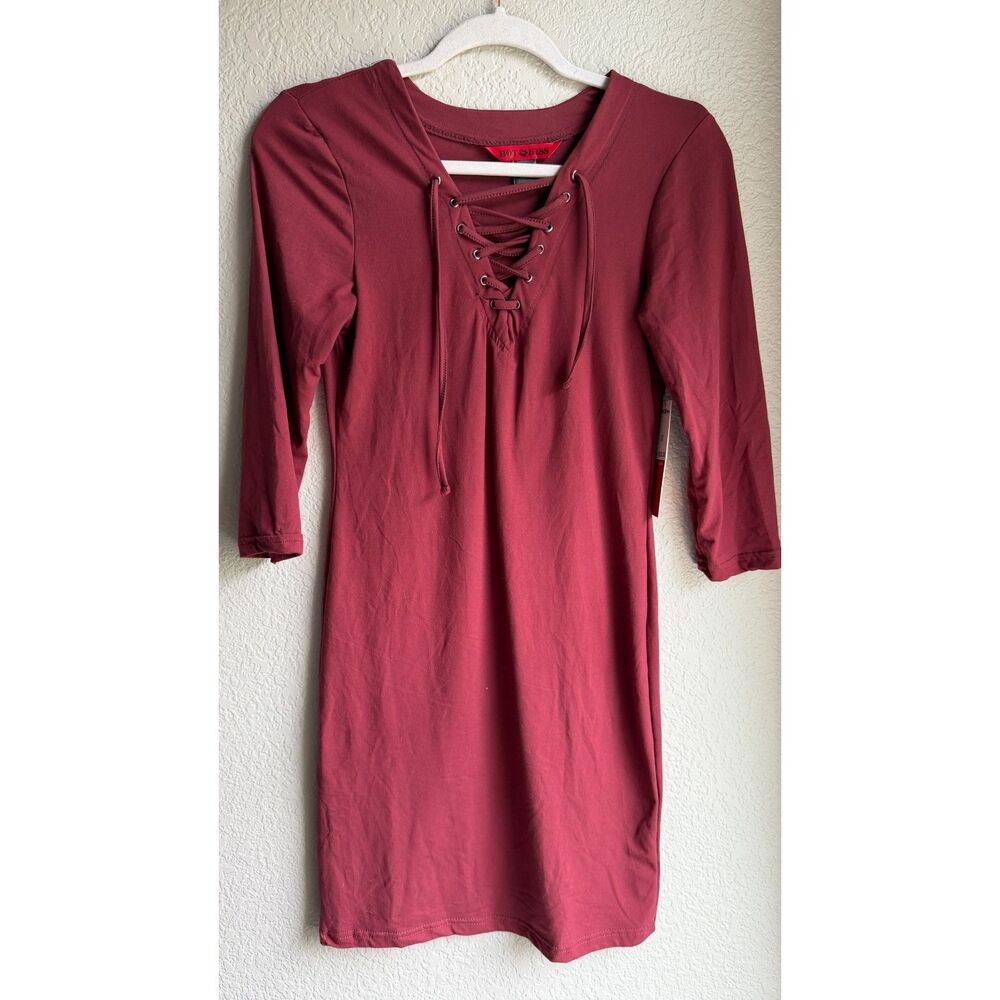 Hot Kiss Picante Burgundy Lace Up Mini Dress Medium 3/4 Sleeve NWT